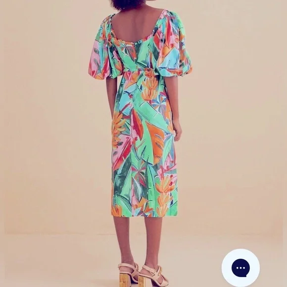 Farm Rio Banana Foliage Multicolor Puff Sleeve Dress L - Picture 3 of 5